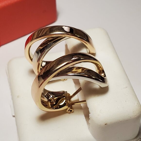 Estate Crossover 2Bar 14Kt 2Tone Omega Back 3/4" Diameter Hoop Earrings #23143 - Picture 3 of 5